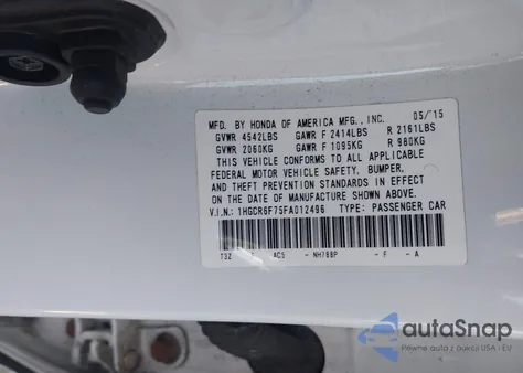 2015 Honda Accord Hybrid Touring from USA, damaged, VIN 1HGCR6F75FA012496